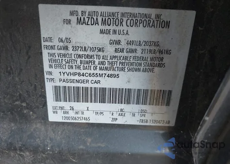 2005 Mazda Mazda6 I Sport from USA, damaged, VIN 1YVHP84C655M74895